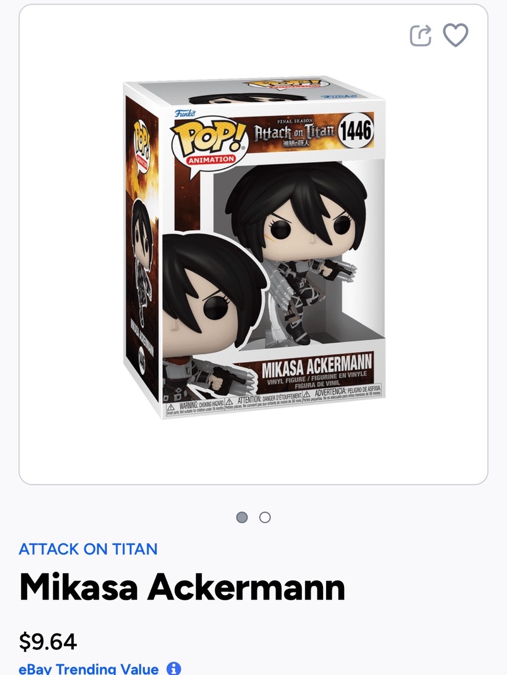 Funko Mikasa Ackermann Pop! Vinyl Figure - Black- 1446